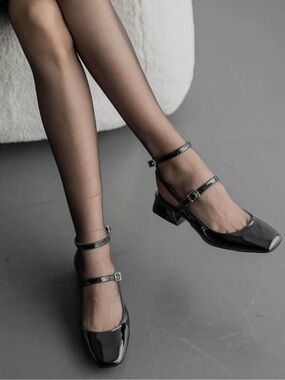 Black Patent Mary Jane Block Heel Shoes with Ankle Strap  Coutgo